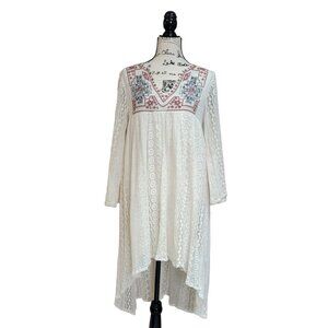 Boho Me Embroidered Crochet High Low Long Sleeve Dress - Size Small
